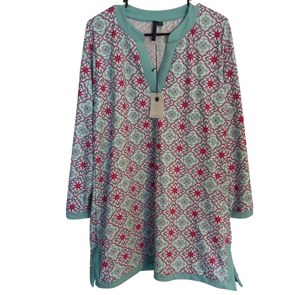 Aqua et Sol Women XL Turquoise Pink Medallion UPF 50+ Sun Protection Tunic Top